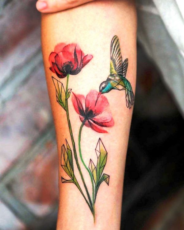 beautiful hummingbirds tattoo with poppy flowers