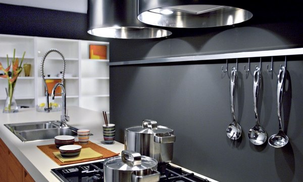 contemporary kitchen design gray walls stainless steel horizontal rail