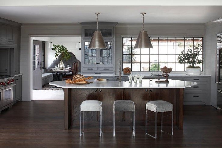 gray kitchen cabinets and beautiful oval island
