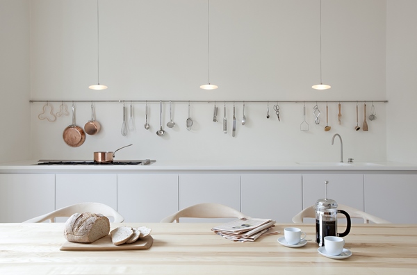 minimalist kitchen design ideas white cabinets horizontal rail copper pots