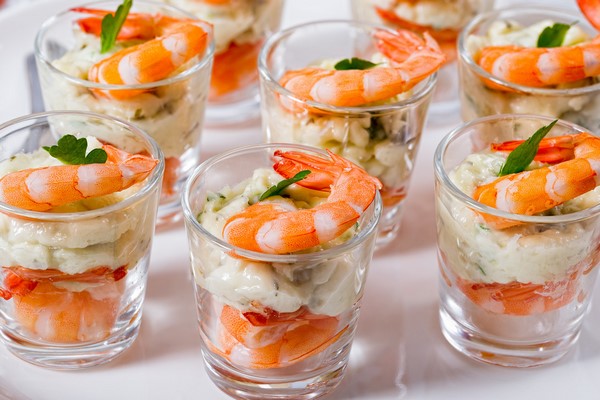 party food ideas salmon shrimps avocado and fresh cheese appetizer