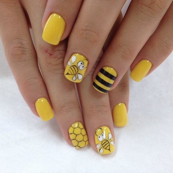 playful yellow nail art ideas bees pattern