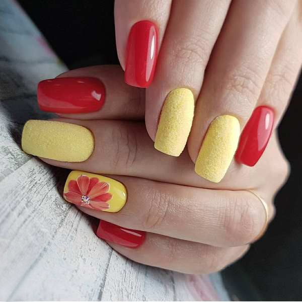 red and yellow nail art texture and gloss finishes