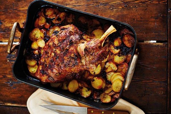 Baked lamb shoulder with mint sauce
