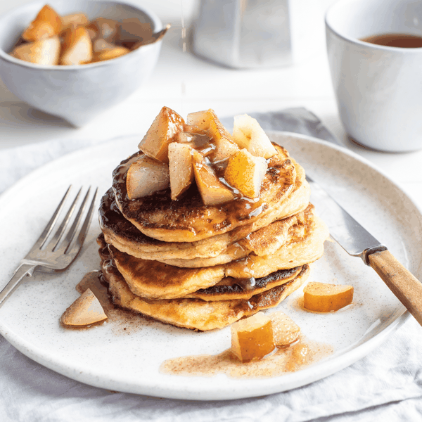 Ricotta pancakes with poached pears