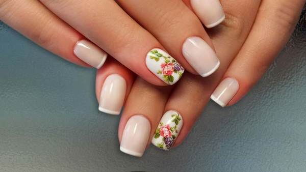 french manicure with floral decoration spring summer ideas
