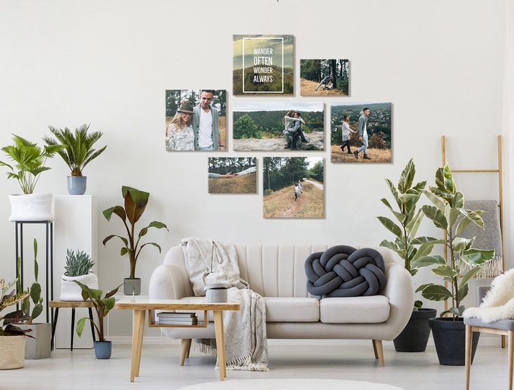 how to arrange canvas prints as photo wall living room decor