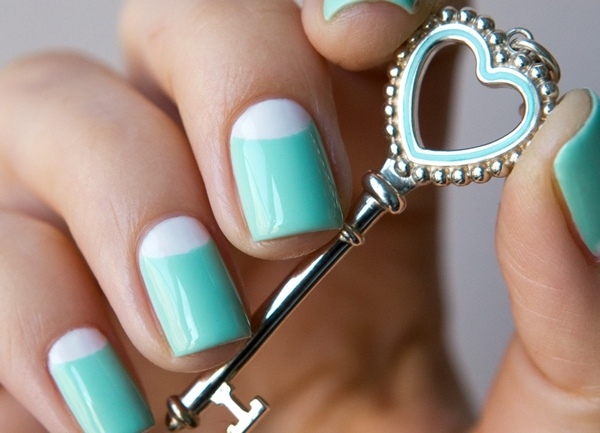 moon french nail art in turquoise and white