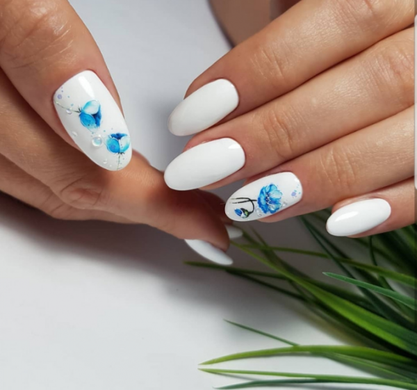 white manicure matte finish blue floral pattern