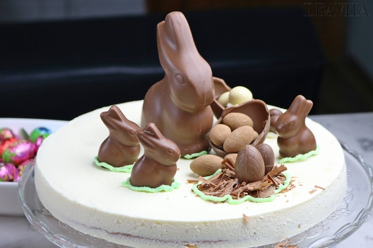 Easter cake with decoration chocolate bunny and eggs