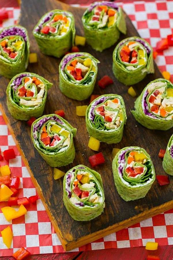 Vegetable and chicken pinwheels outdoor picnic food ideas