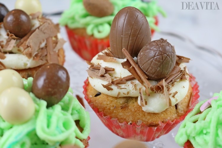 easter cupcakes with chocolate shavings and Easter eggs