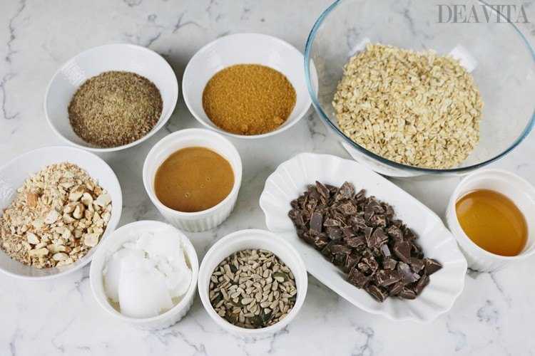ingredients for granola cookies brown sugar flax seed chocolate honey