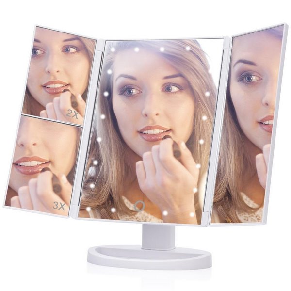 modern trifold makeup mirror with magnifying and LED lighting