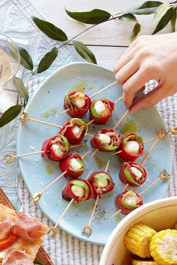 salads and appetizers ideas mozzarella red repper and bacon skewers