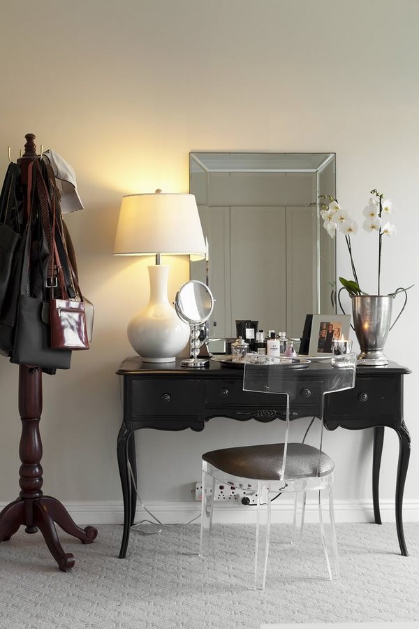 black dressing table and transparent chair bedroom furniture ideas