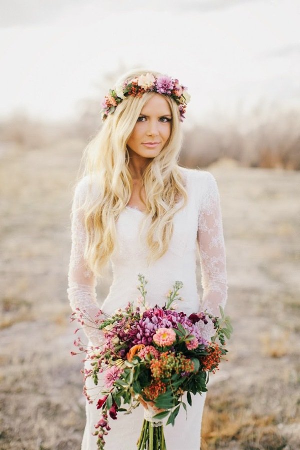 boho bride dress bouquet and hairstyle