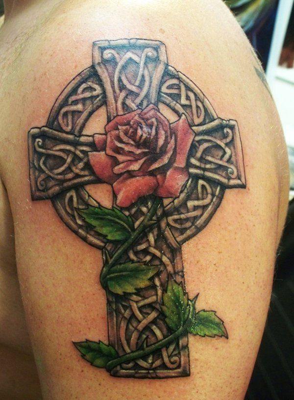 celtic cross and rose gorgeous shoulder tattoo ideas for men
