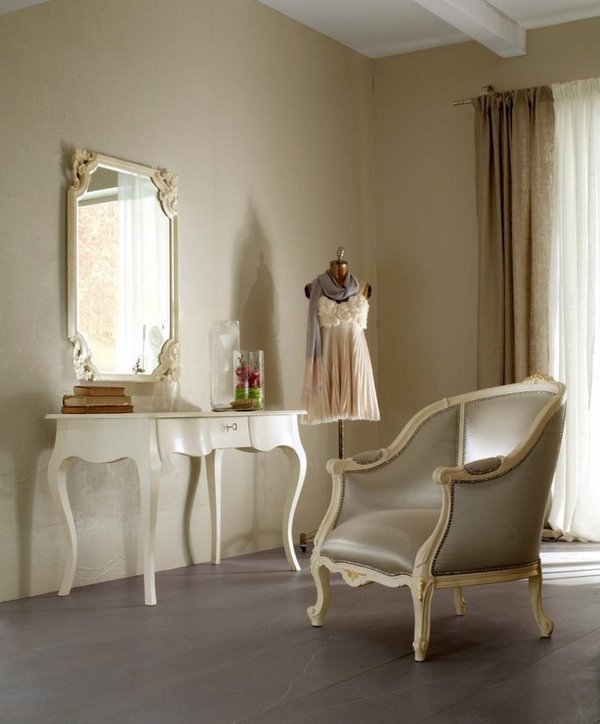 classic dressing table with wall mounted mirror and armchair