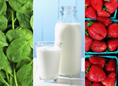 combination-of-milk-leafy-vegetables-and-strawberries-for-mouth-health-and-white-teeth