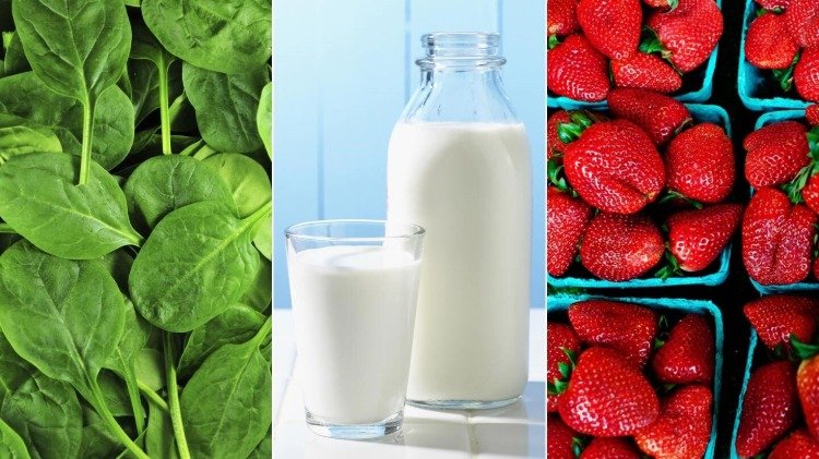 combination of milk leafy vegetables and strawberries