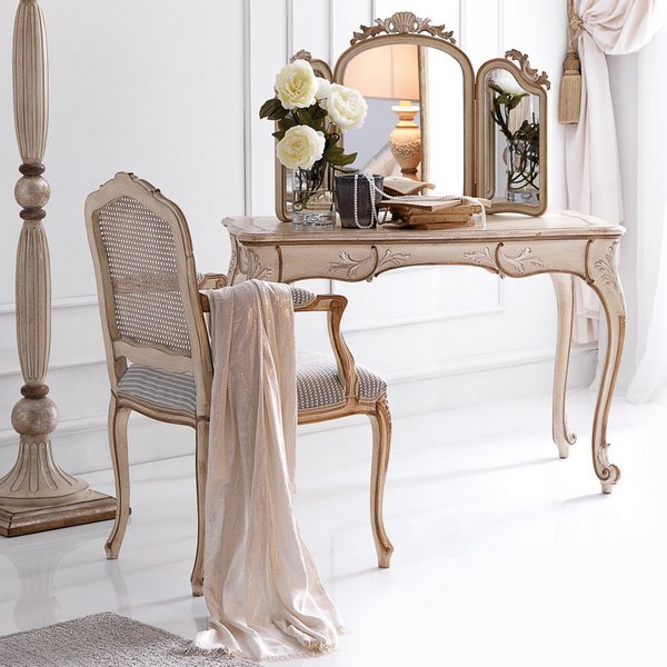 beautiful vanity table with classic design trifold mirror and chair