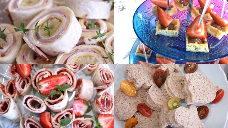 finger food snacks tortilla rolls with ham and cheese decorated with parsley or thyme