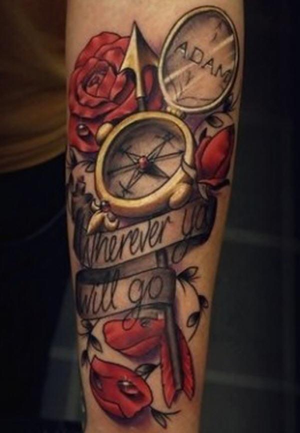 forearm tattoo ideas roses and compass for men