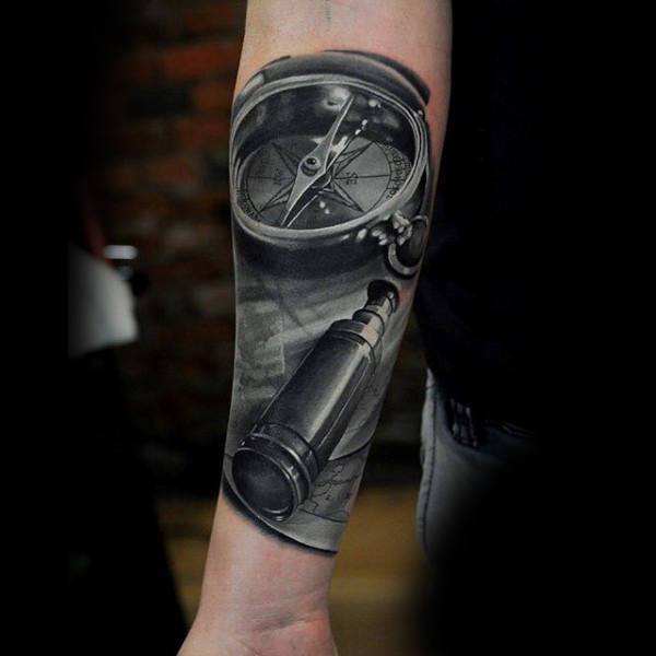 forearms black and white compass and telescope tattoo ideas for men