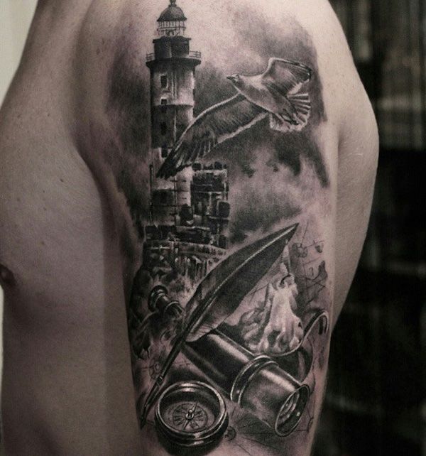 lighthouse bird and compass shoulder tattoo ideas for men