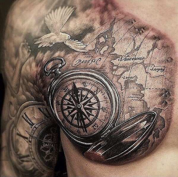 maps compass chest and shoulder tattoo