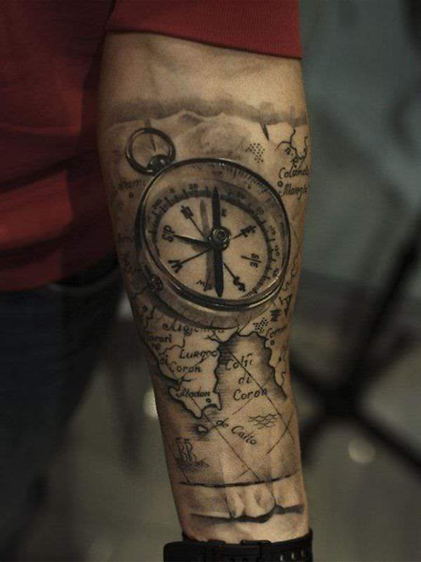 masculine tattoo ideas for men compass and maps on forearm