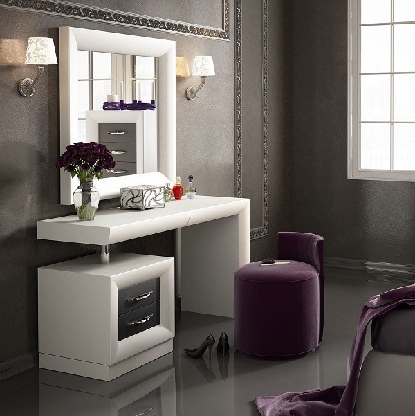 modern bedroom makeup vanity with mirror and wall sconces