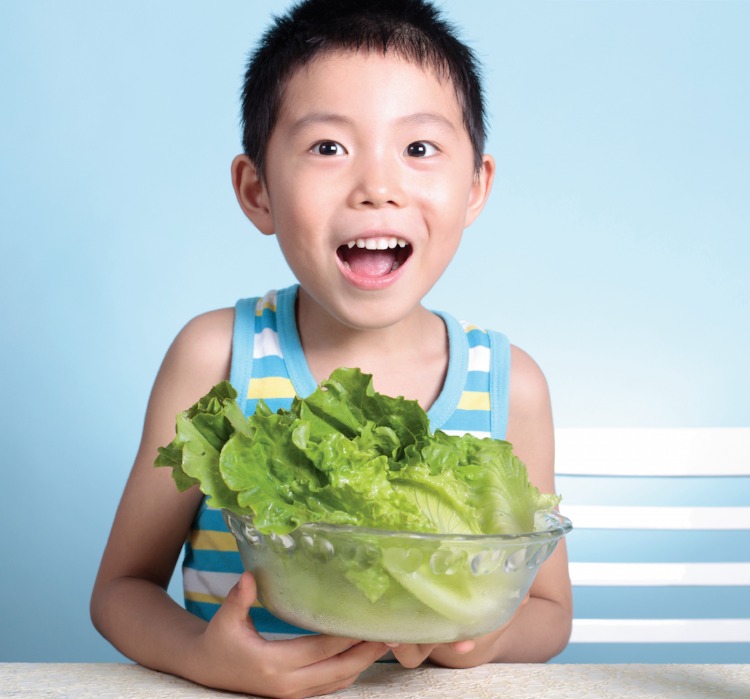 small child holds bowl with lettuce