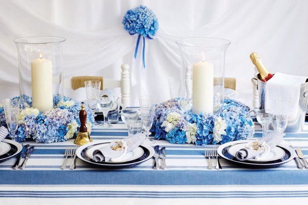 table decoration for beach theme wedding in blue and white