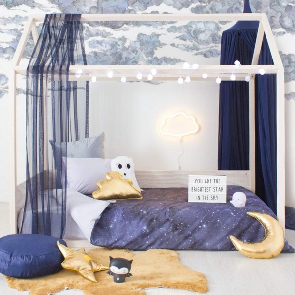 Boy Nursery Montessori bedroom ideas low bed with blue canopy