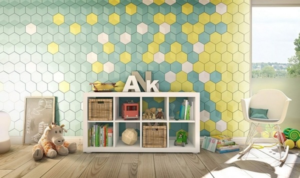 Hexagon honeycomb pattern wall decoration in green and yellow in a nursery