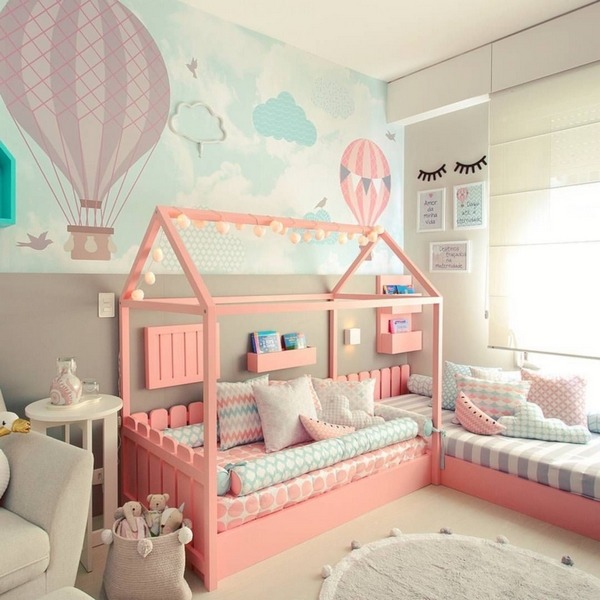 beautiful kids bedroom design with pink house bed