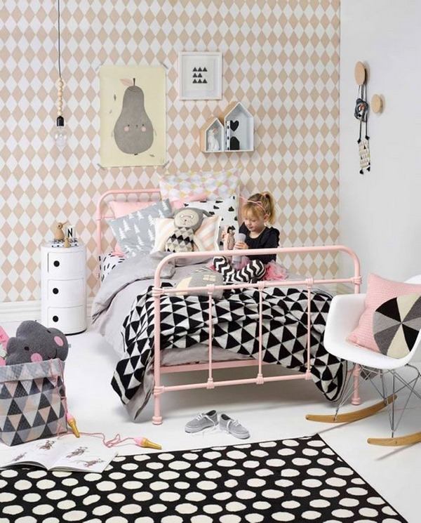 girl room decor ideas geometric wallpaper bedding set and carpet