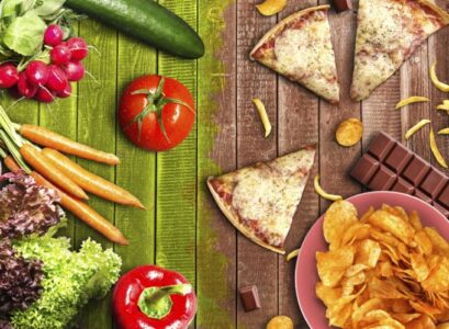 healthy-vs-unhealthy-food-pizza-potato-chips-chocolate-and-french-fires-versus-vegetables
