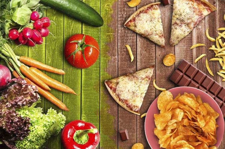 healthy vs unhealthy food pizza potato chips chocolate versus vegetables