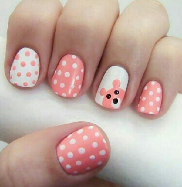 lovely manicure design ideas for children pink white polka dots and bear