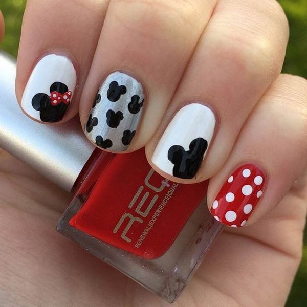 minnie mouse and polka dots kids nail art