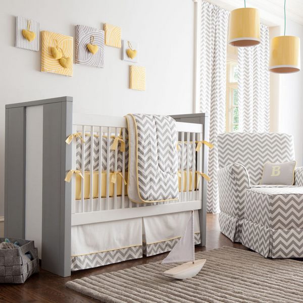 nursery room decor ideas zigzag fabric bedding set and armchair upholstery