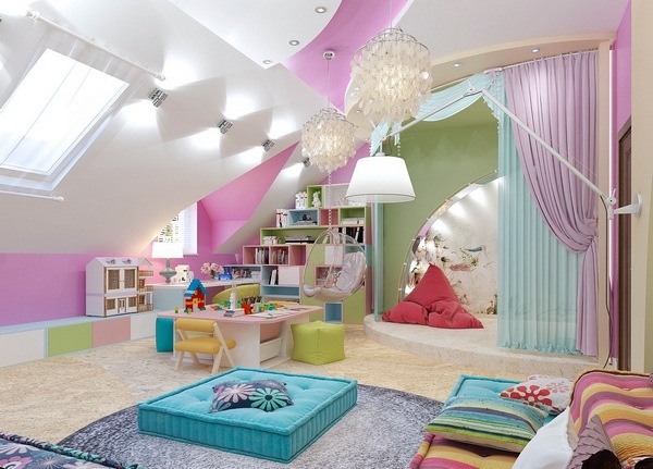 original shelves with geometric shape in girl bedroom