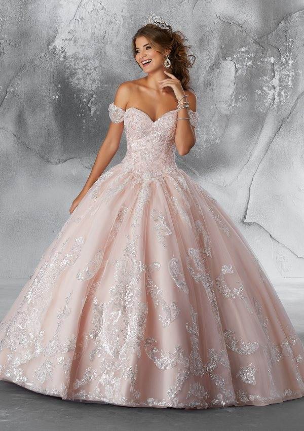 princess wedding gown blush pink and white embroidery