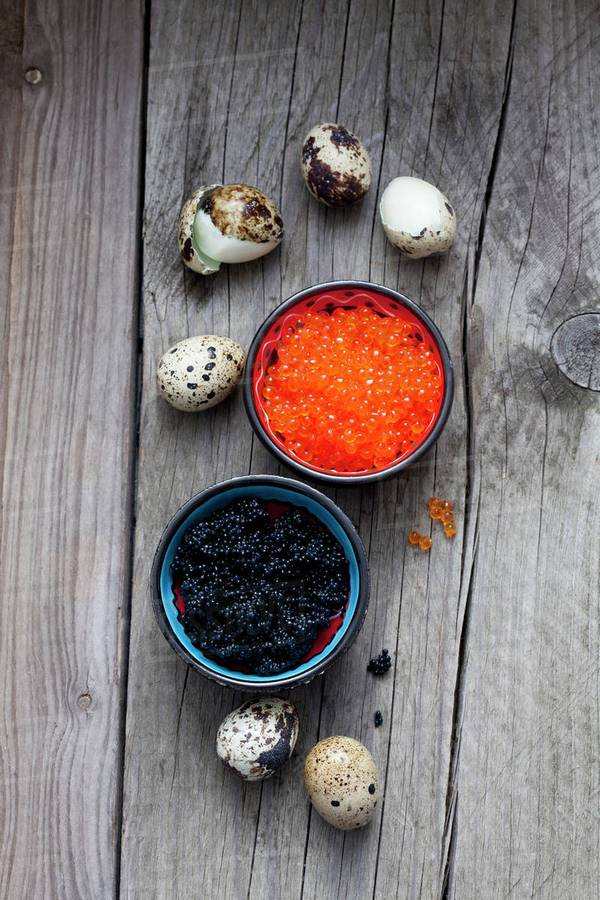 red and black caviar and quail eggs 