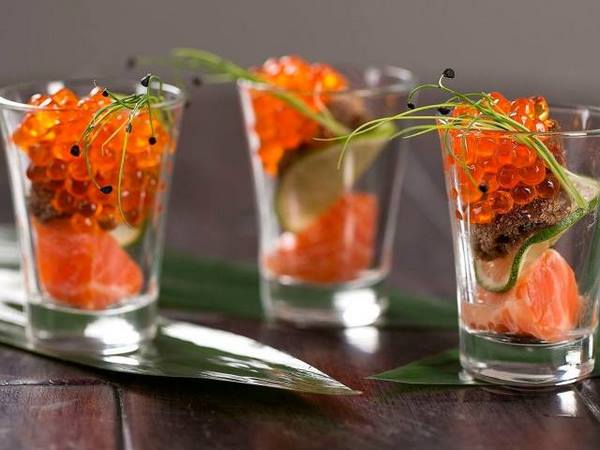 salmon and caviar appetizer in shot glasses