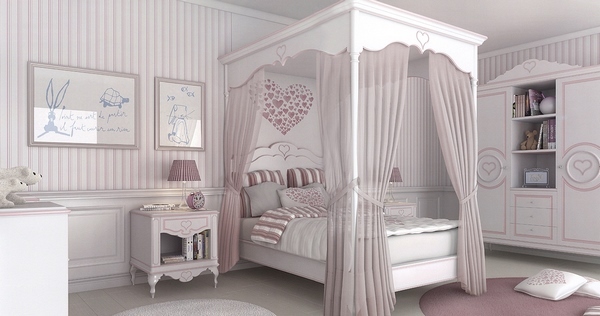 striped wallpaper canopy bed and white furniture girls bedroom