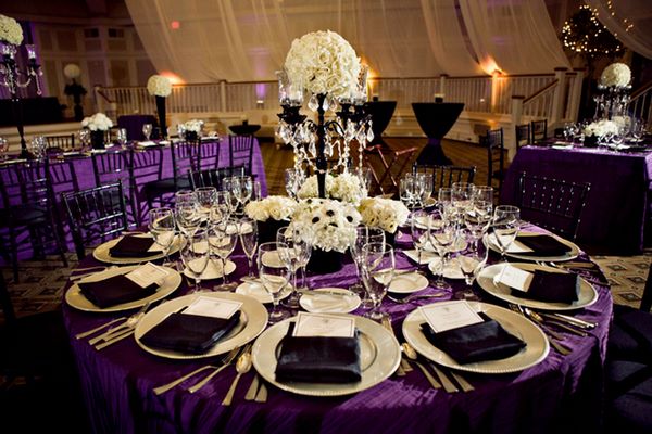wedding color scheme black and purple decorations table settings